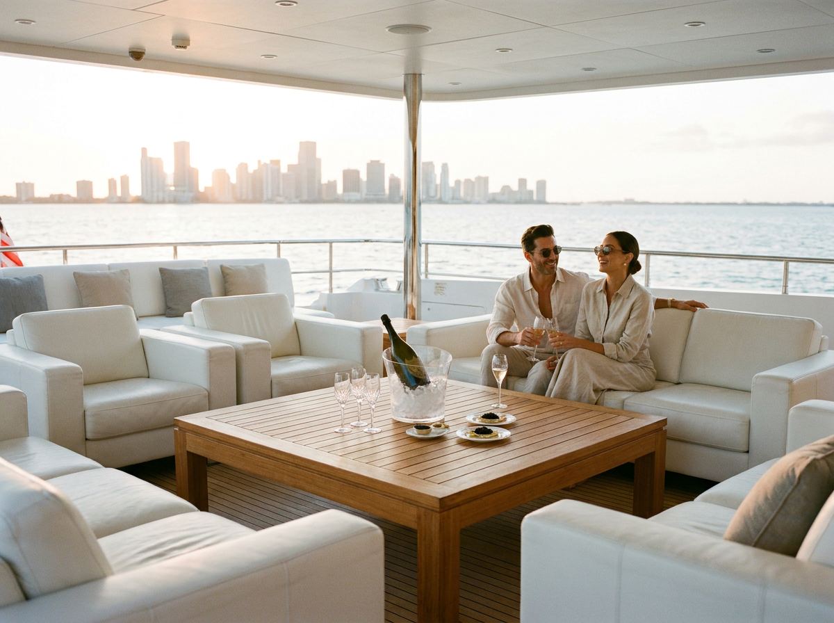 Elegant yacht deck lounge at sunset with champagne service