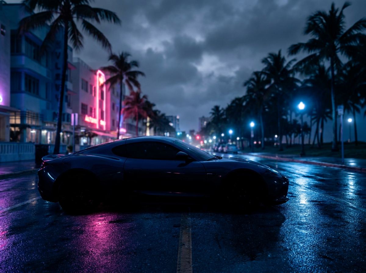 Exotic sports car on a Miami street at night with neon reflections