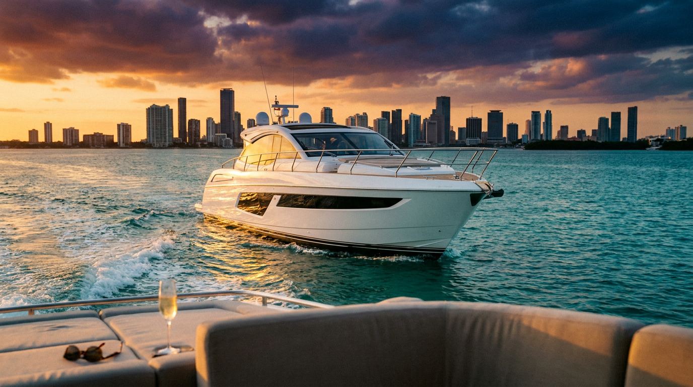 Luxury motor yacht cruising Biscayne Bay at golden hour with the Miami skyline behind it
