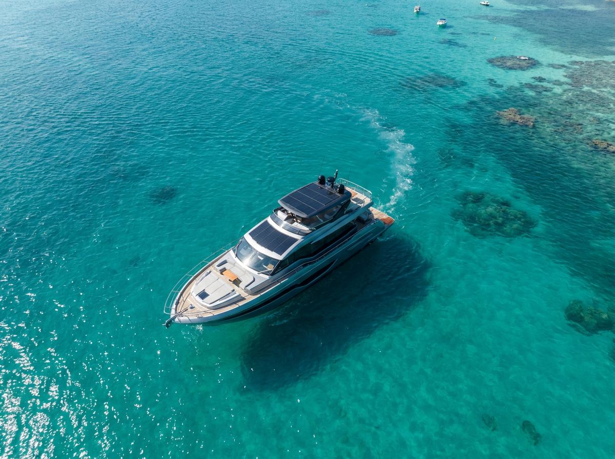 Aerial view of a luxury yacht cruising clear turquoise water