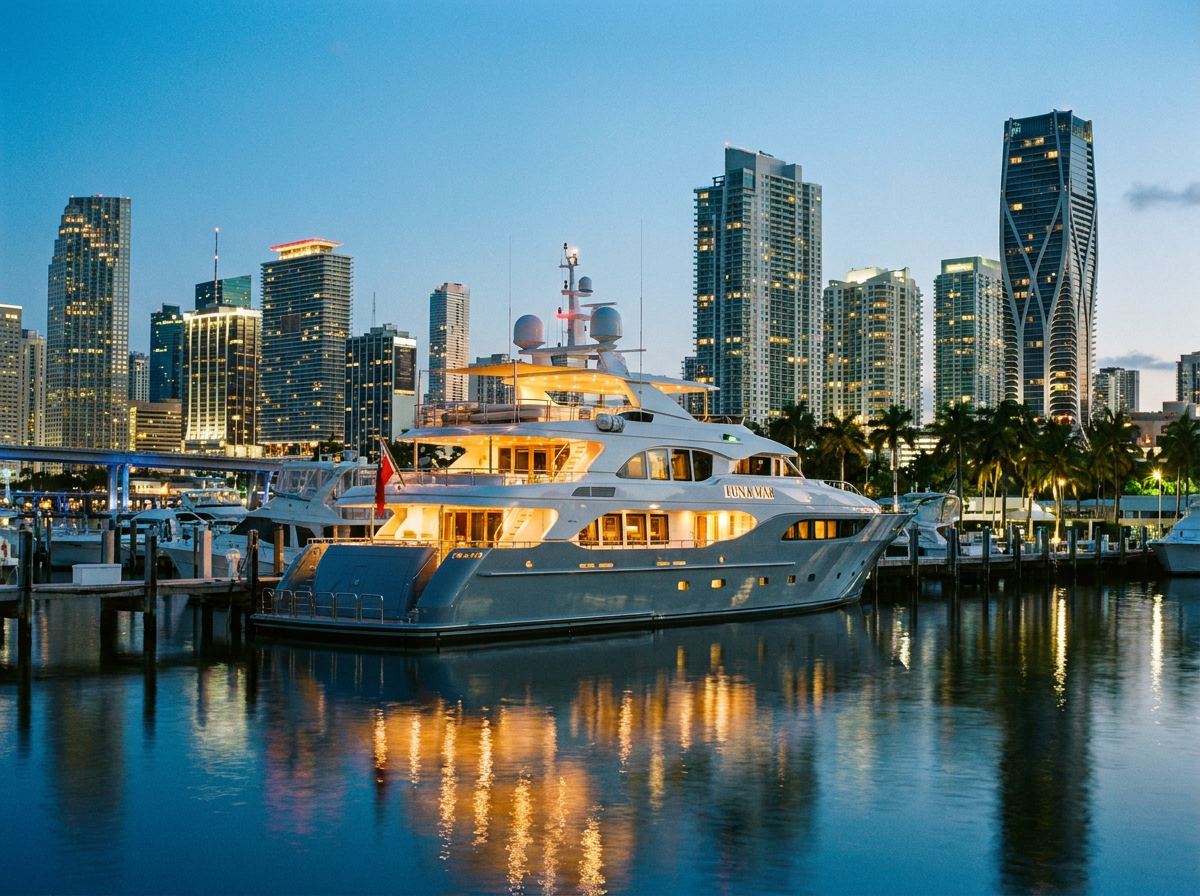 Luxury yacht docked at a Miami marina at dusk